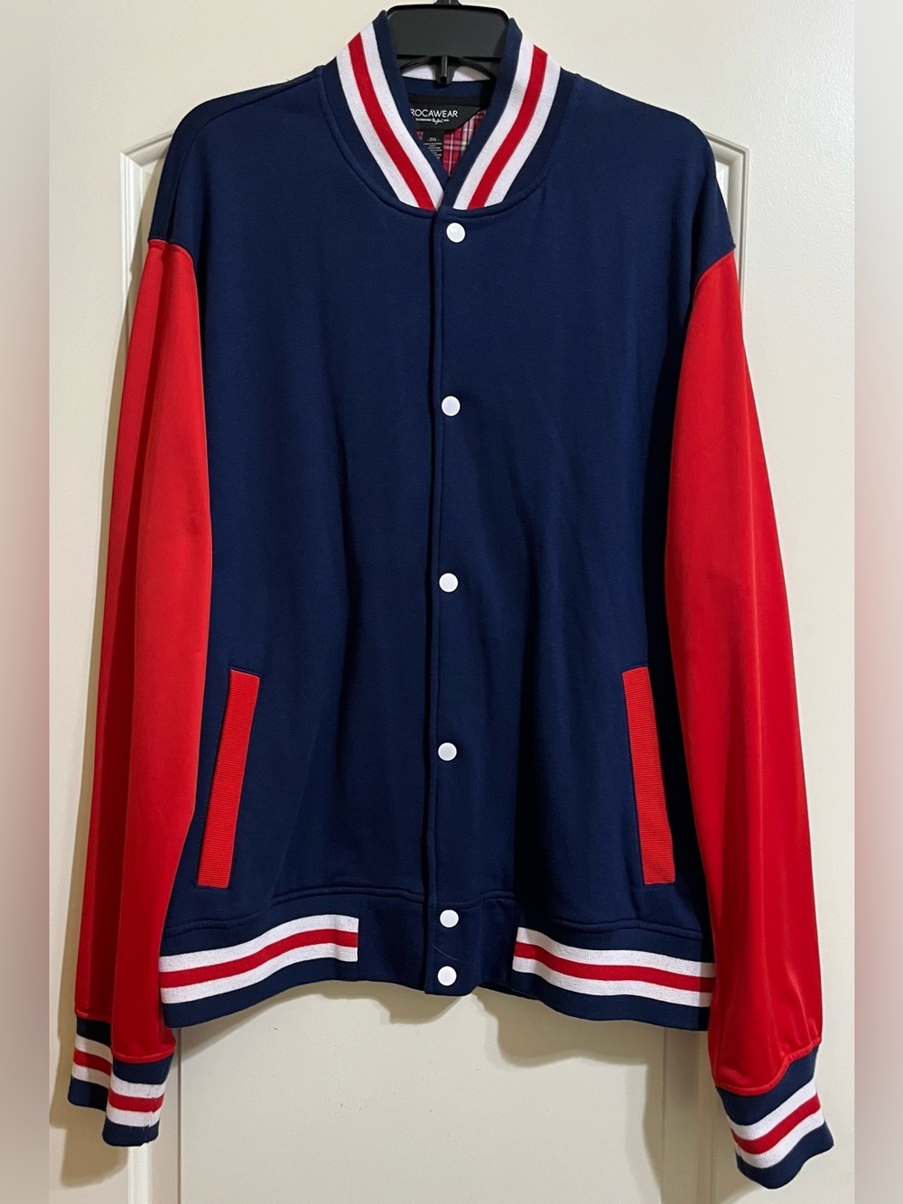 Rocawear Navy Blue Red White Varsity Bomber Jacket With Graphic Back 2XL